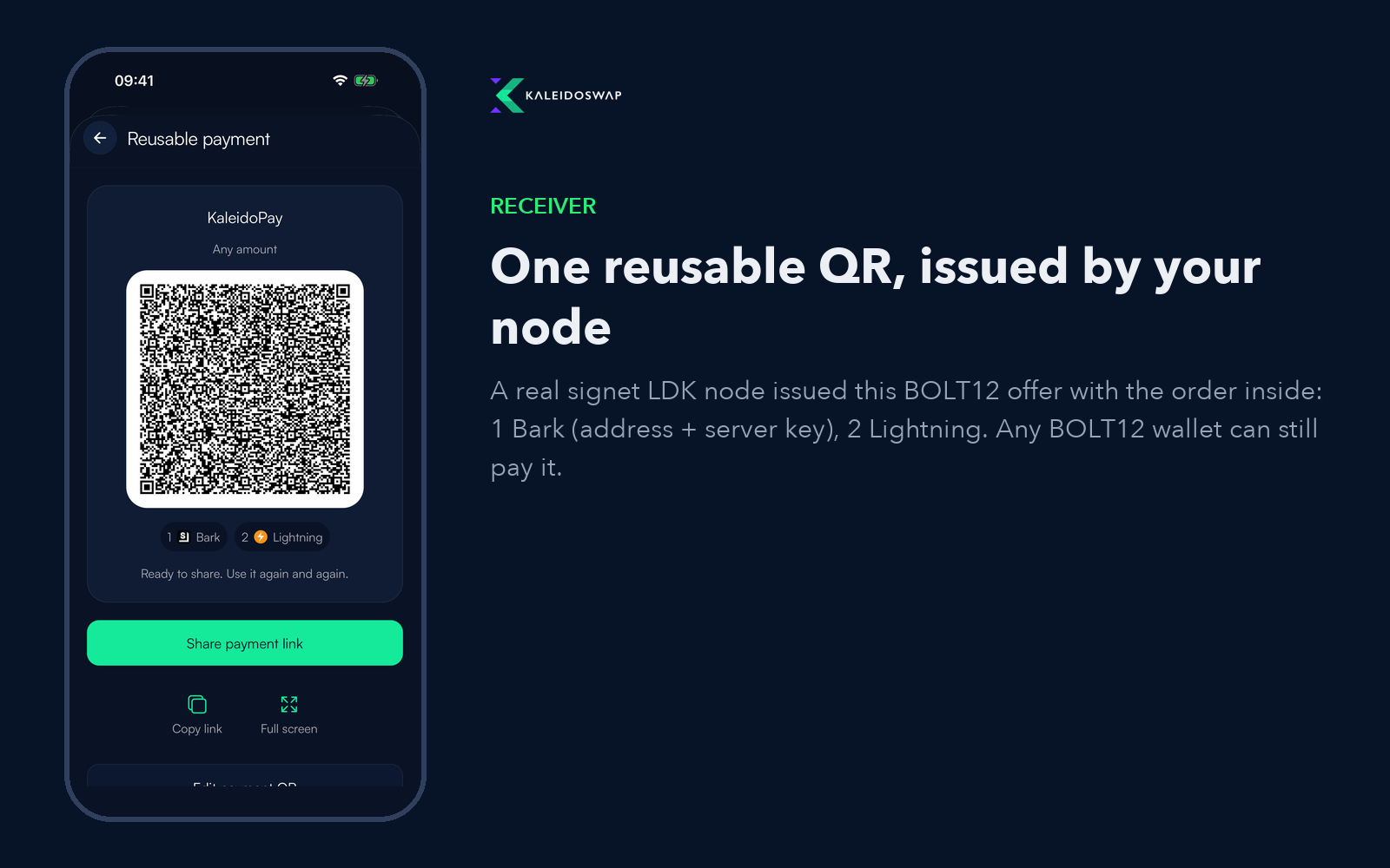 Receiver: one reusable QR issued by your node