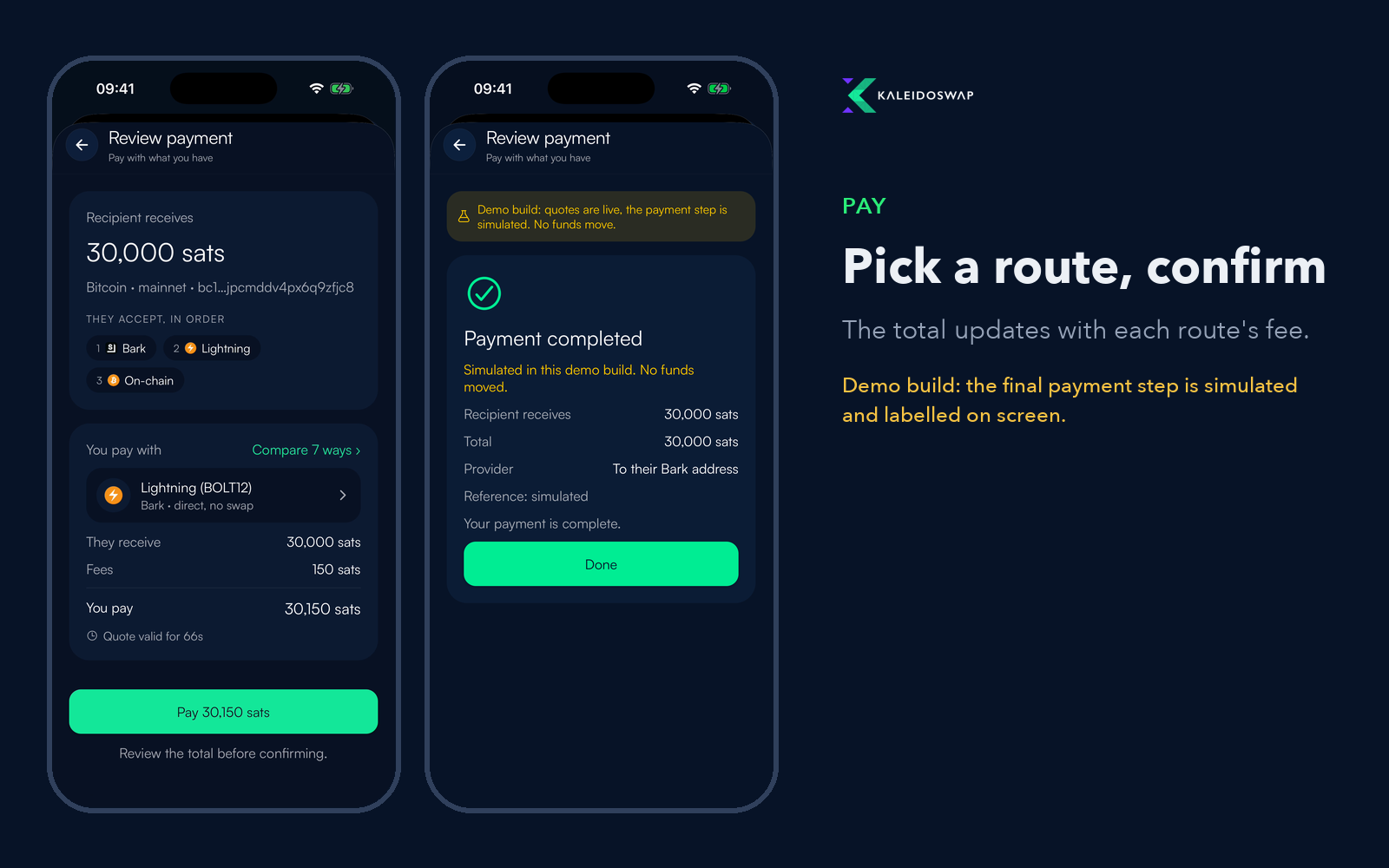 Pick a route and confirm; simulated in the demo build