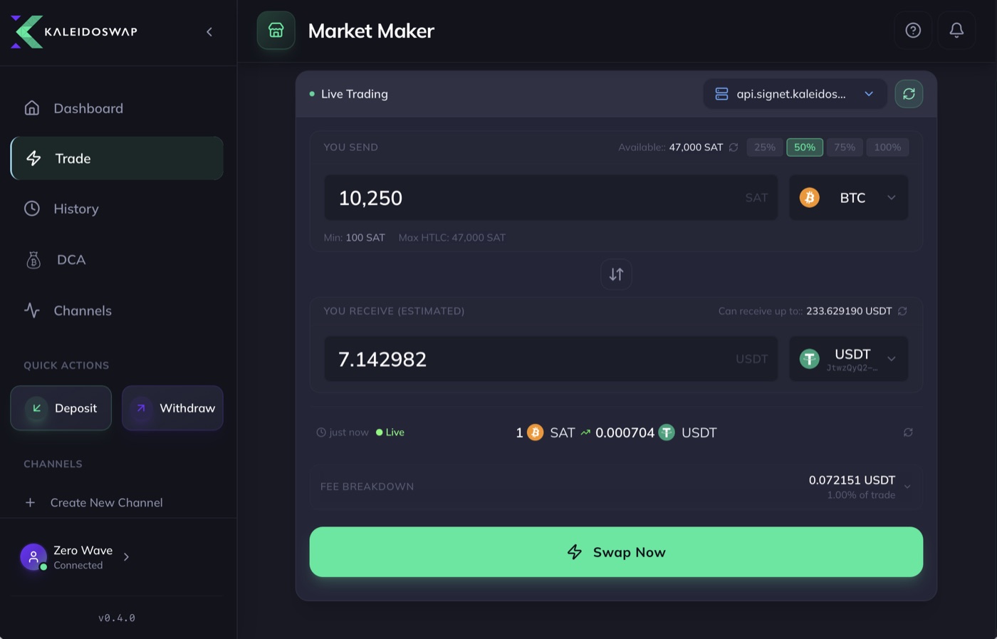 KaleidoSwap Desktop trade screen quoting 10,250 sats for 7.14 USDT on the signet maker