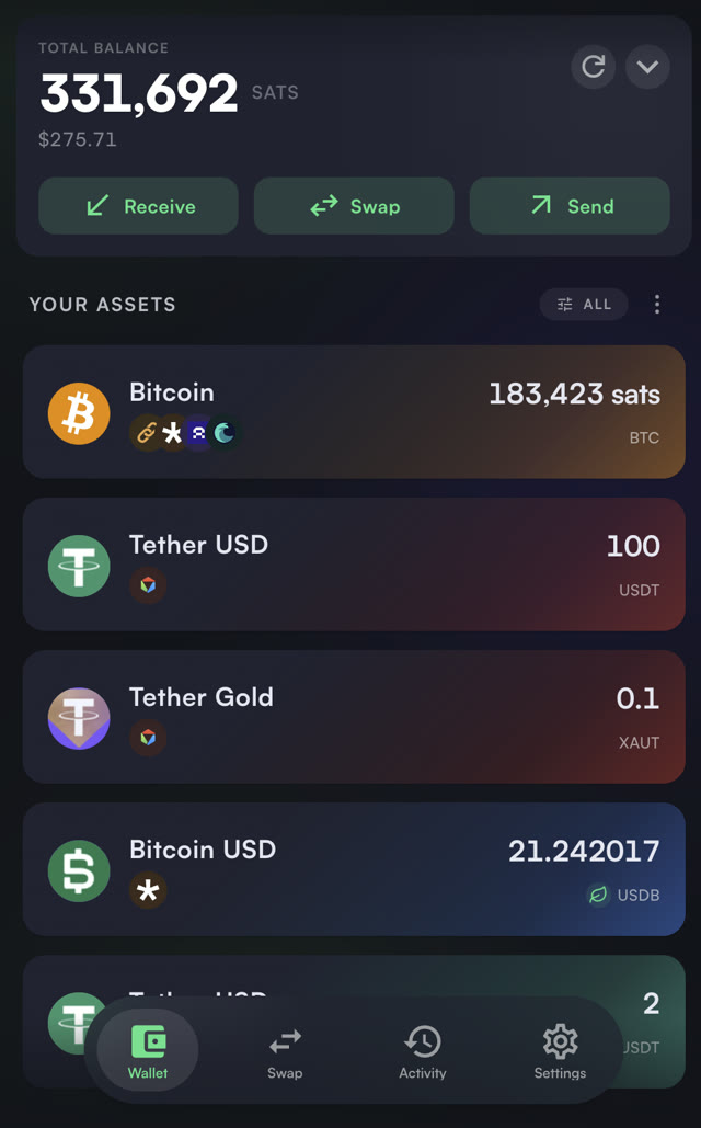 KaleidoSwap browser extension wallet holding BTC, USDT and XAUT on RGB, and USDB on Spark