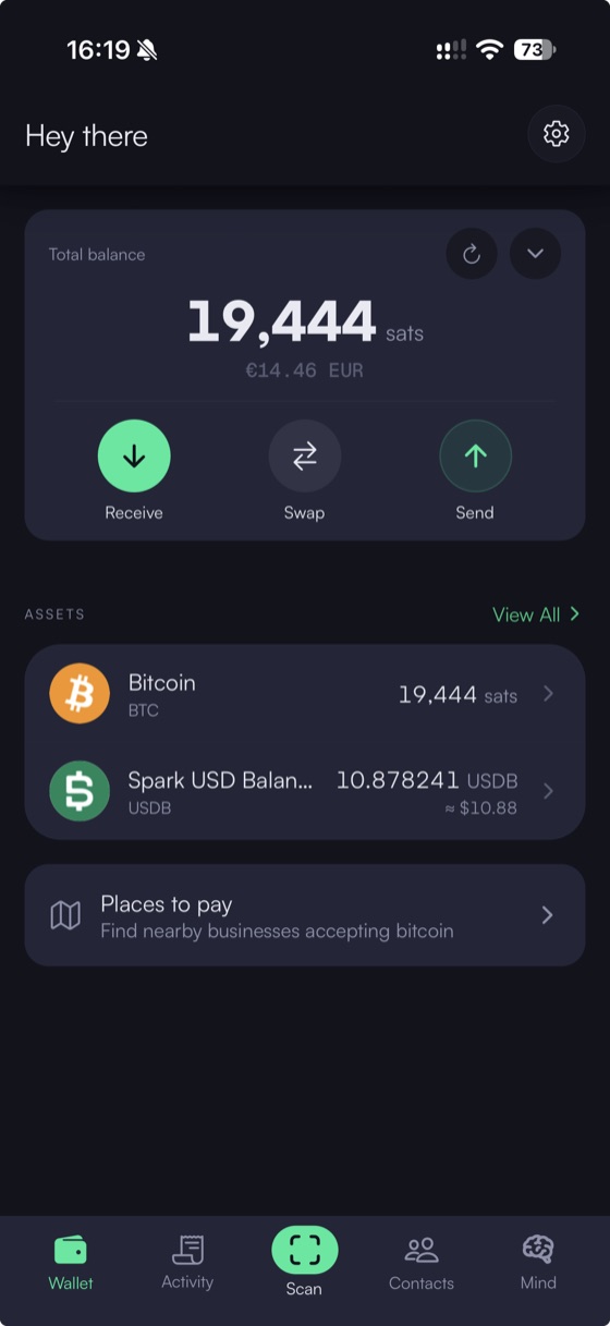 Rate home screen with BTC and Spark USD balances