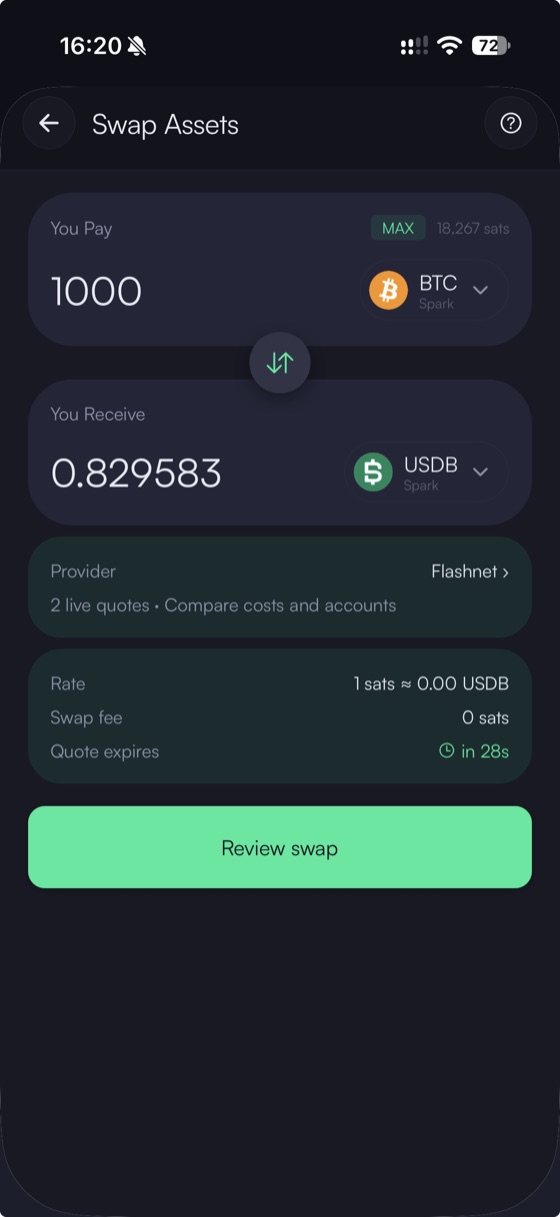 Rate swap screen quoting 1,000 sats to USDB with live provider quotes